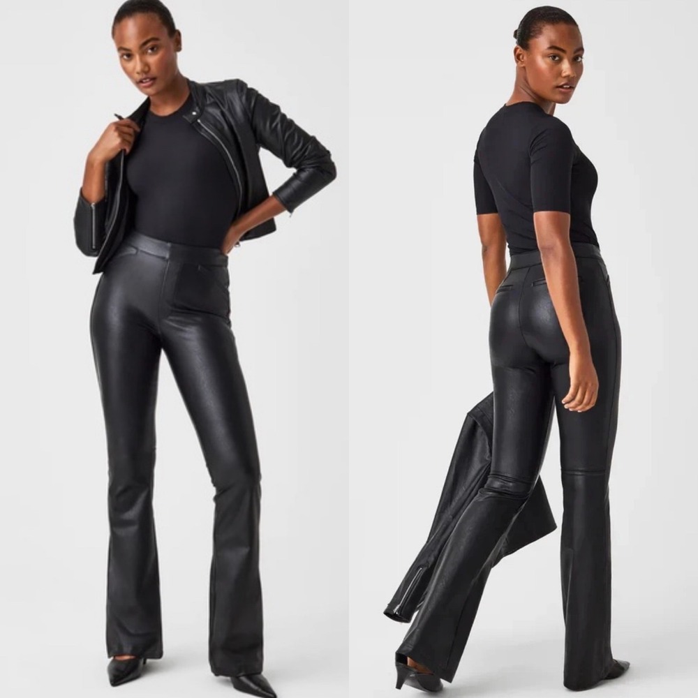 Spanx Tall Flare‎ Pants Black Elastic Waist Leather Like Womens Size 3X Long NEW